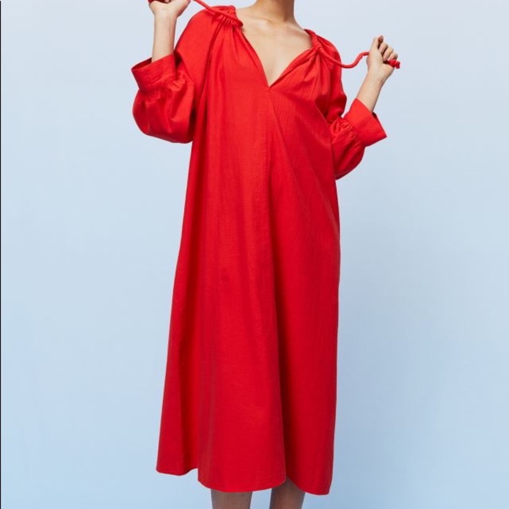 H&M bright Red Cotton Dress With Drawstring Maxi Length Sz Small NWT